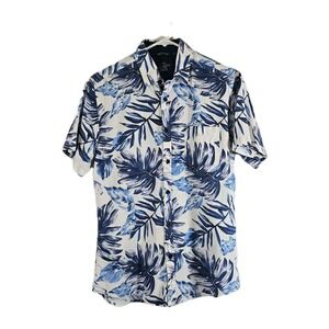 Surf Style Co Shirt Mens Small Linen Blend Blue Button Down Palm Hawaiian Floral